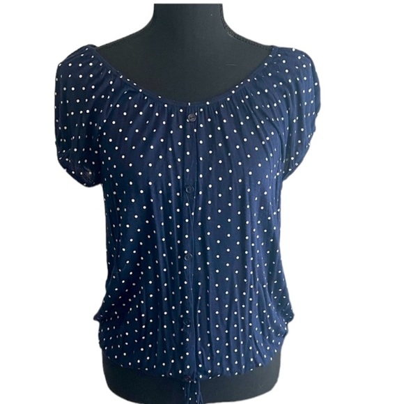 Agenda Tops - Navy w/ White Polka Dots Super Soft Blouse Button Detail